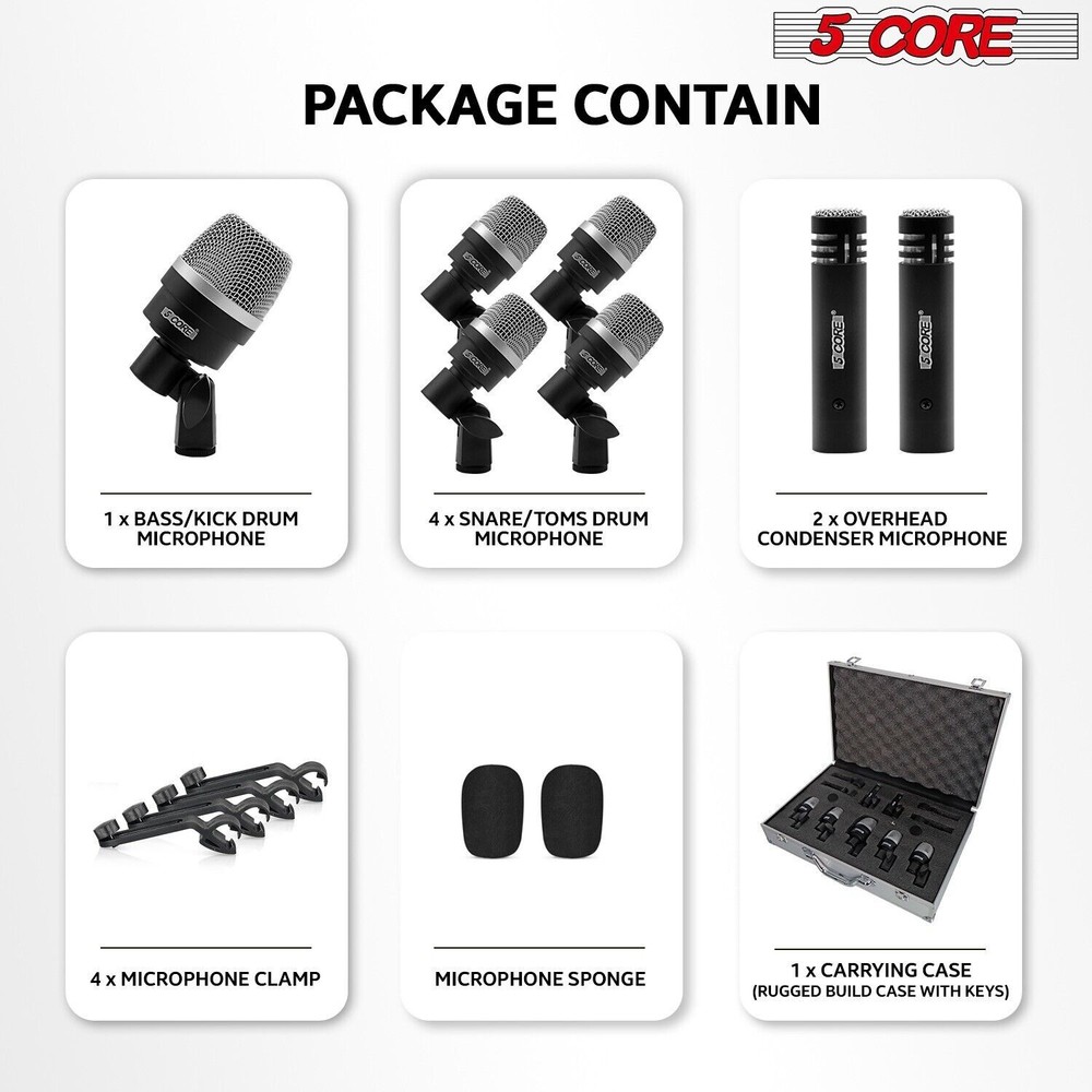5Core Drum Mic Kit 7Pcs Kick Tom Snare Dynamic Microphone Instrument Mics Set