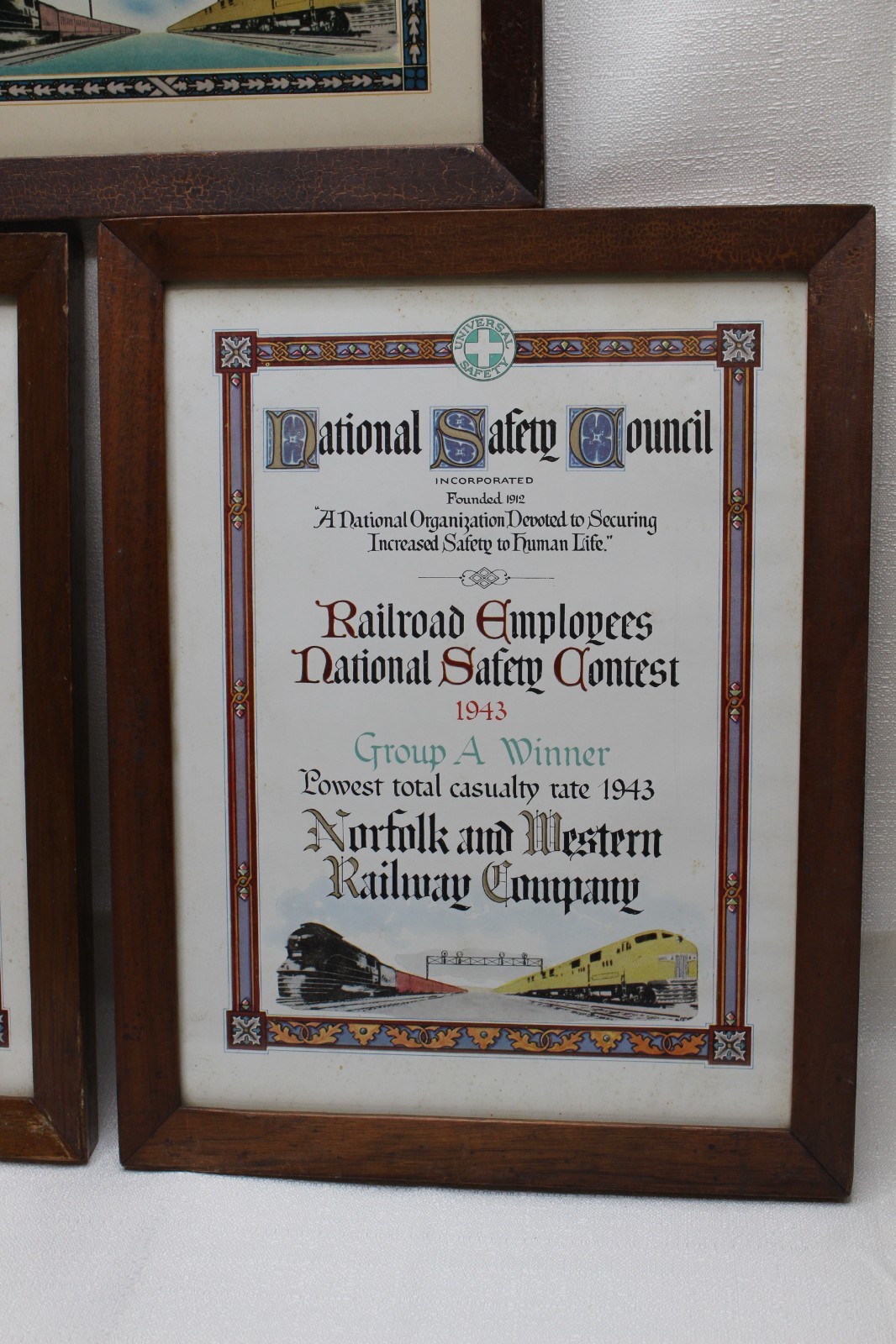 3 NORFOLK AND WESTERN RAILWAY SAFETY AWARD FRAMED CERTIFICATES N&W RAILROAD RY