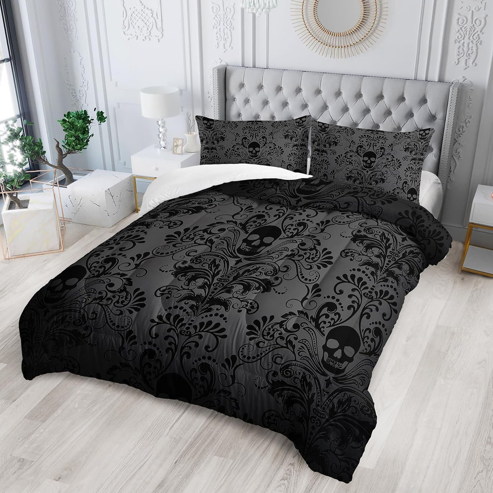 Skull Bedding Set - King Size Gothic Boho Comforter Set with Skull Pattern