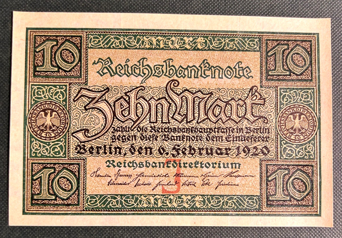 GERMANY REICHBANKNOTE  1920  10 MARK  GRADE  UNC  P-67 with unprint red letter J