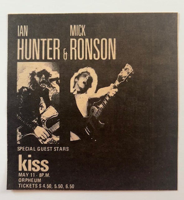KISS Concert Newspaper Ad BOSTON Mass IAN HUNTER Mick Ronson ORPHEUM May 11 1975
