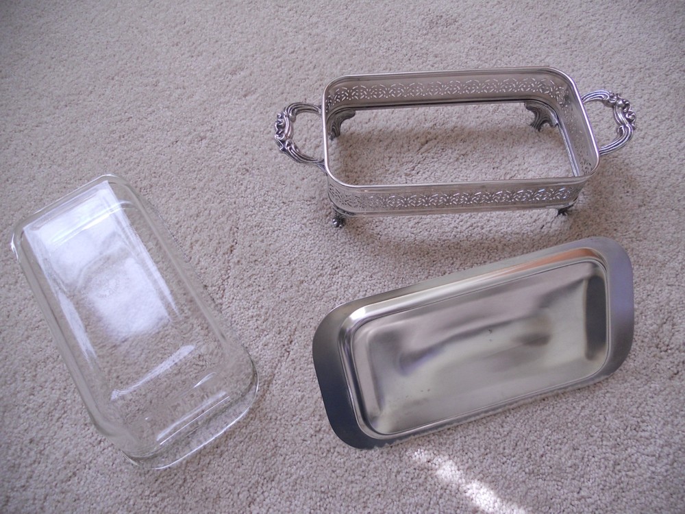 Silverplate Rectangular Platter Tray with Lid and 1.5 Qt Pyrex Glass Insert