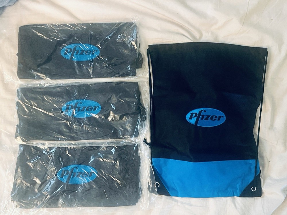 5 Pfizer Pharmaceutical rep swag - Five Drawstring backpacks