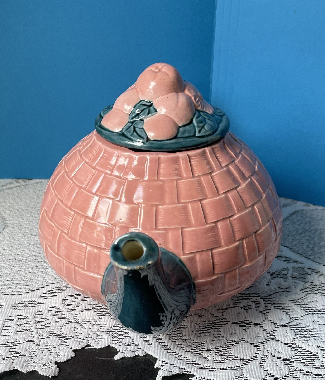 Ceramic Teapot Pink & Teal Basketweave Country Flare Cottagecore Signed Dated
