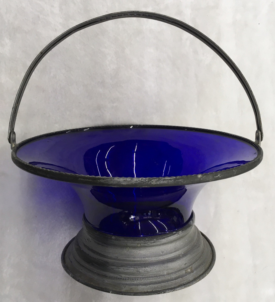Vintage Silver Plate & Cobalt Blue Glass Handled Bride's Basket