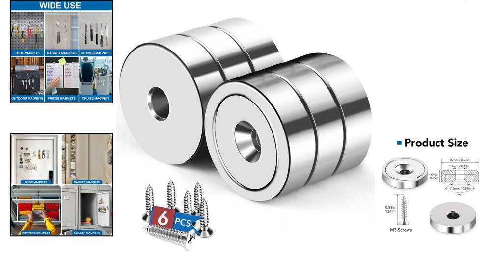 Versatile 6-Pack Neodymium Magnets - 20LBS Pull Force for Cabinets & More