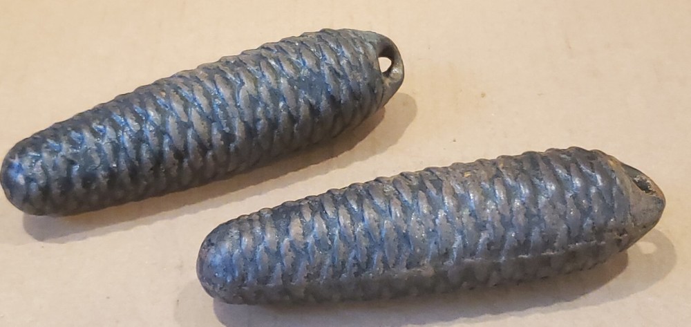 2 Used Large Pine Cone Shape Cuckoo Clock Weights, Cast Iron ? Clock Part