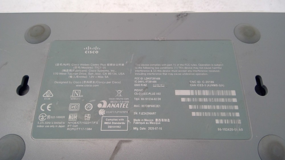 Cisco Webex Codec Plus TTC7-25 Video Conference CS-CODEC-PLUS NO ADAPTER