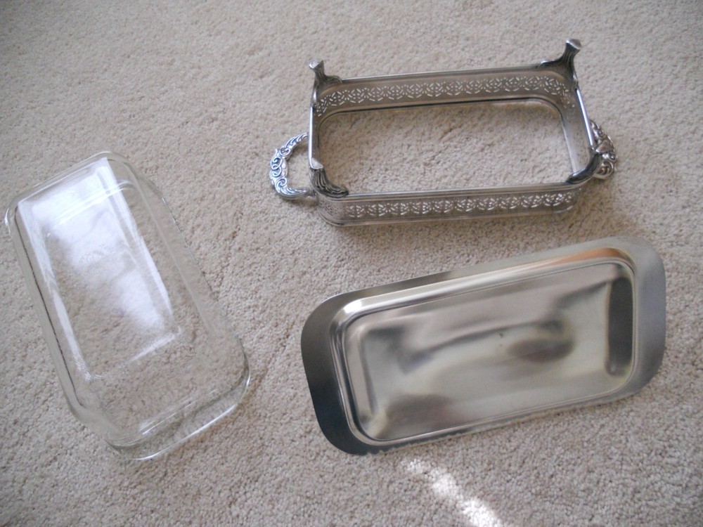 Silverplate Rectangular Platter Tray with Lid and 1.5 Qt Pyrex Glass Insert