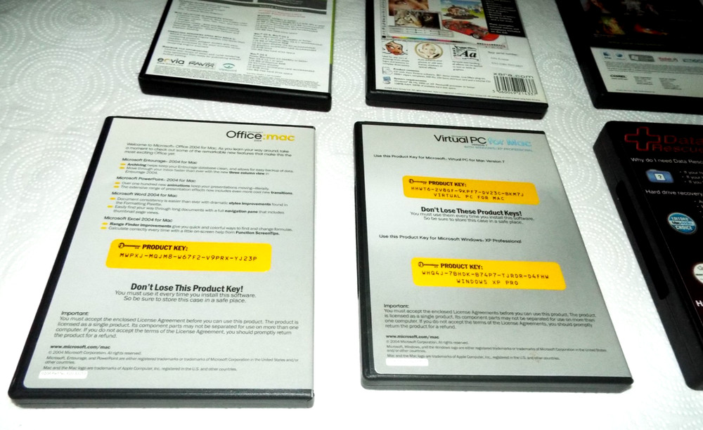MICROSOFT VIRTUAL PC FOR MAC + OFFICE 2004 MAC+ 4 MISC. PROGRAMS W/KEYS READ!!!!
