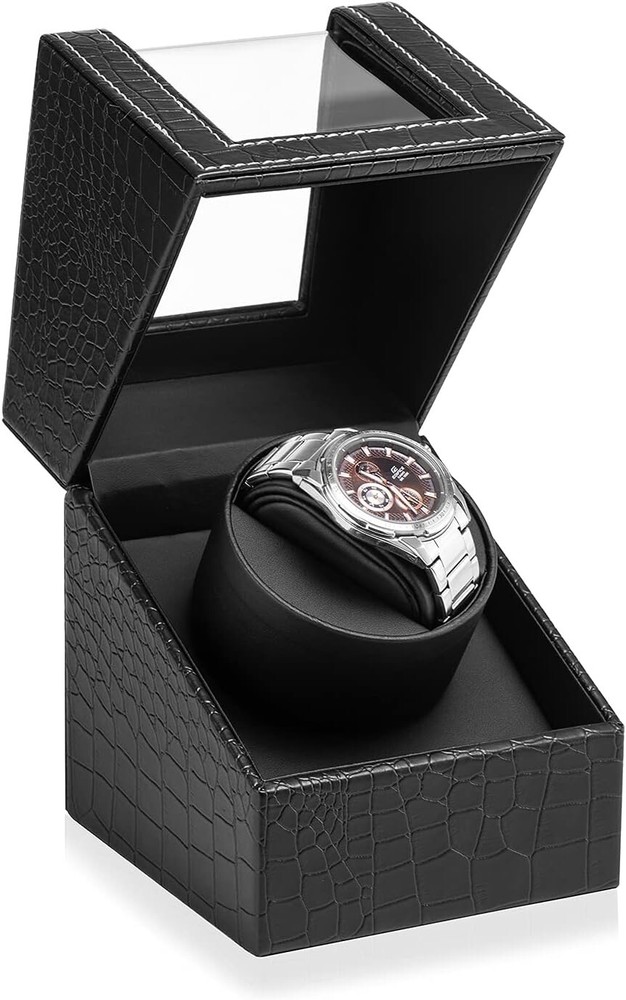 Efaithtek Automatic Single Watch Winder in Black Crocodile Pattern Leather