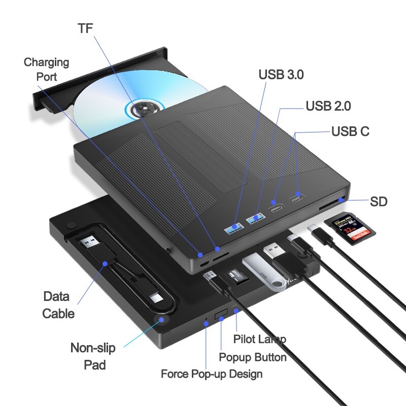 External CD/DVD Drive for Laptop PC USB3.0 CD DVD Disk Burner Player Reader