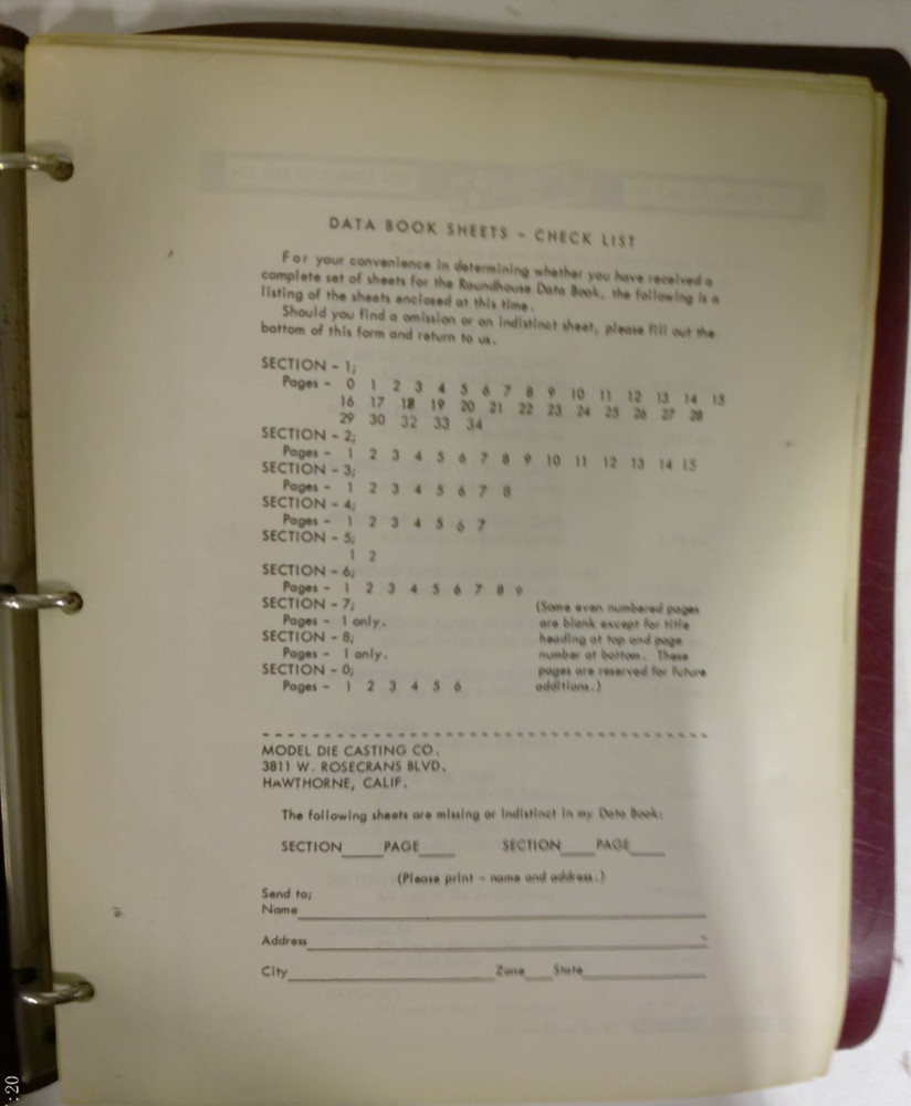 Roundhouse Model Die Casting 1956 Data Book Sheets & Binder