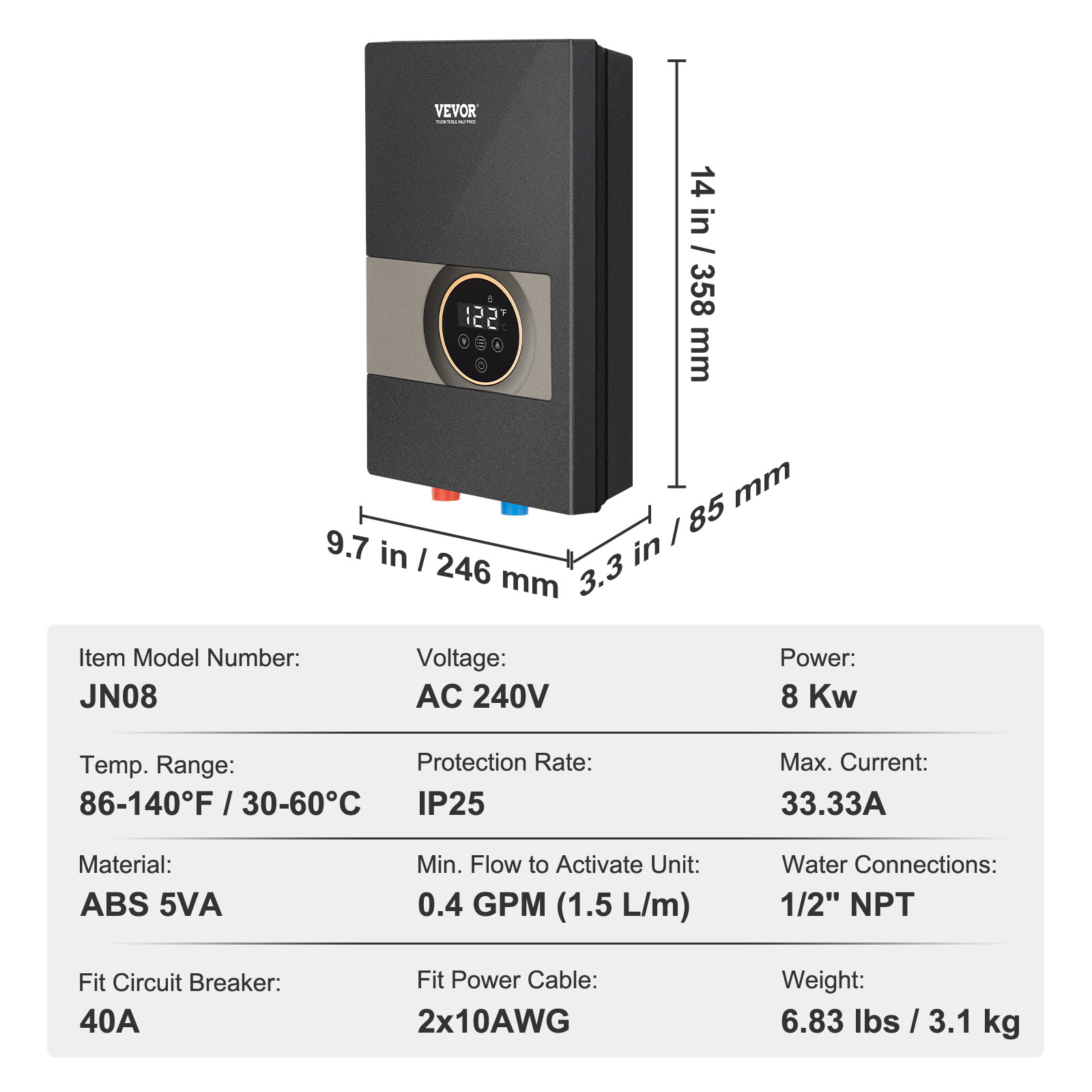 VEVOR 8KW Electric Tankless Hot Water Heater Instant Boiler Shower On Demand