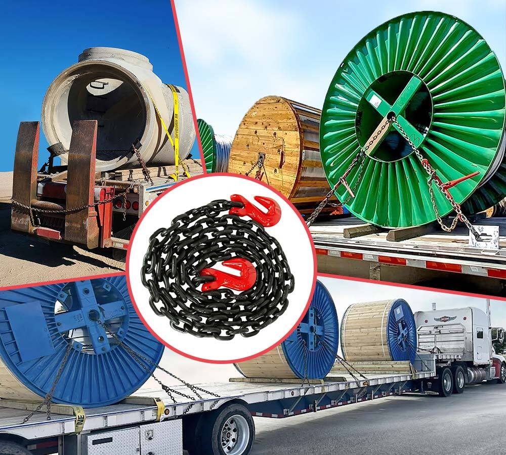 4 Pack G80 High Grade Transportation Chain w/ Grab Hooks - 3/8" x 16', 7100 l...