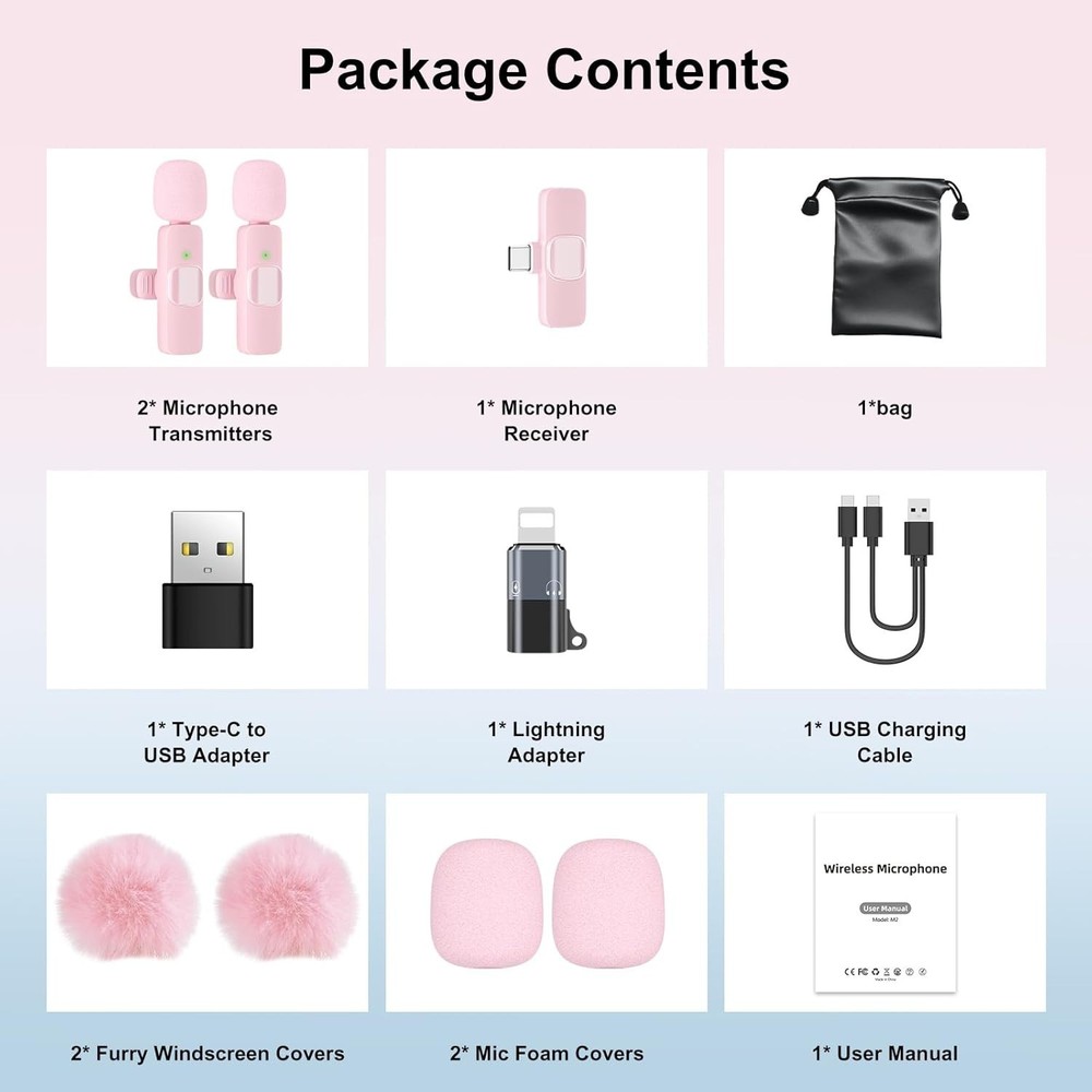 Professional Wireless Lavalier Microphone: Omnidirectional, 65ft Range, Pink