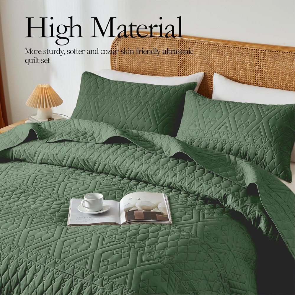 Full/Queen Size Quilt Bedding Set,Green Lightweight Microfiber Soft Bedspread,Mo