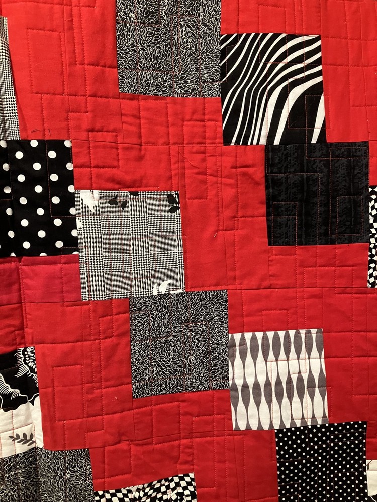 Black & White with Red Falling Charm patchwork Quilt Full size 75" X 91"