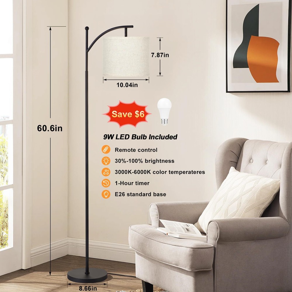 60" Floor Lamp with Remote Control and Stepless Dimmable Bulb, Colors Tempera...
