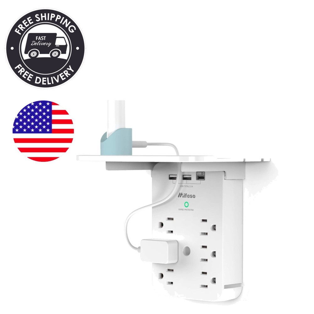 Wall Outlet Extender with Surge Protector, 6 AC Outlets, Shelf, 2 USB & USB C...