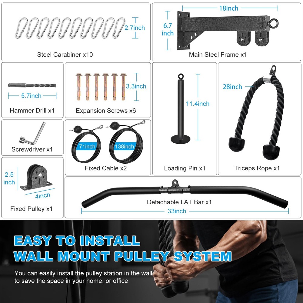 Wall Mounted Pulley System, Low Cable Machine Pulley System for LAT Pulldown,...