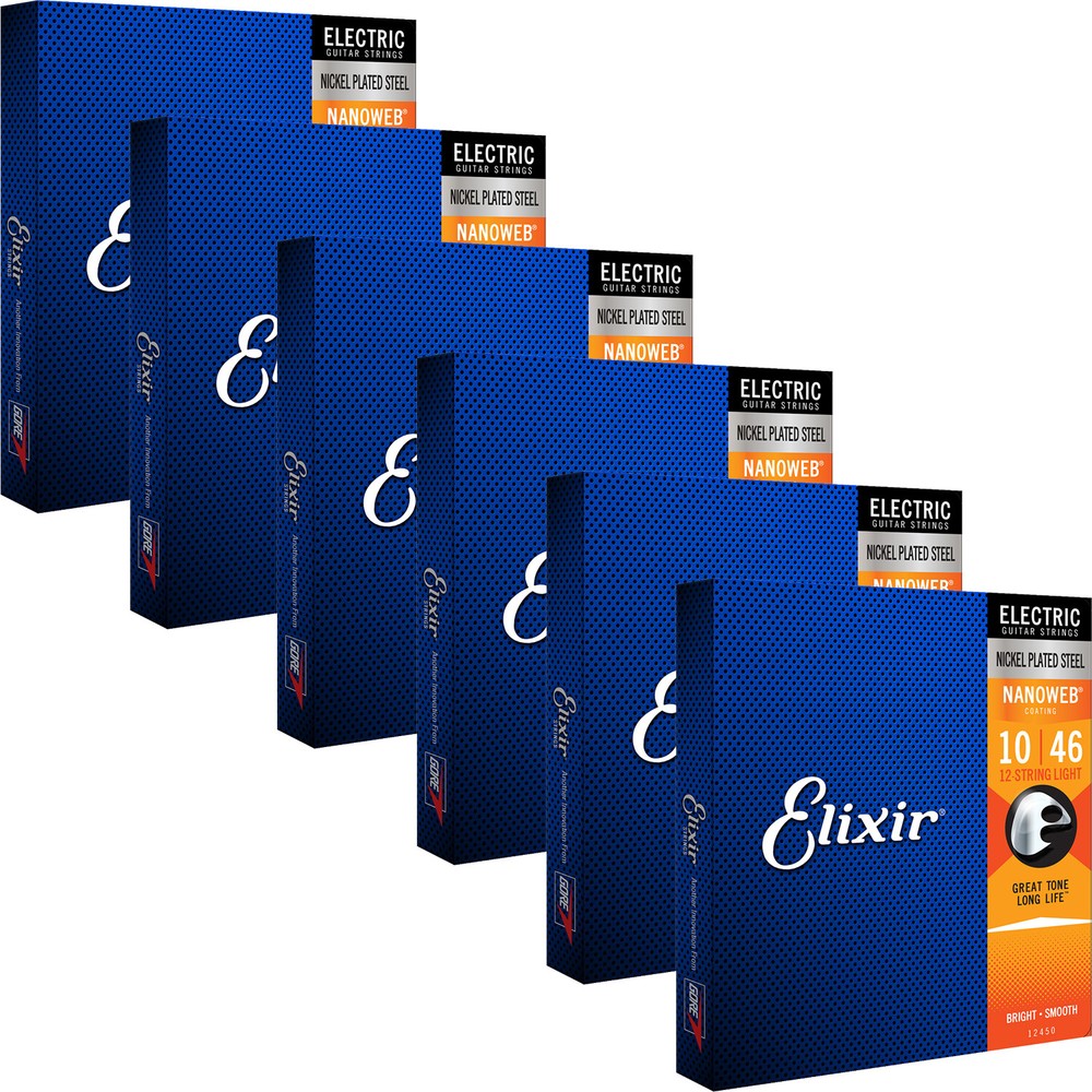 6 Sets Elixir 12450 NANOWEB Electric Guitar Strings, 12-String Light 10-46