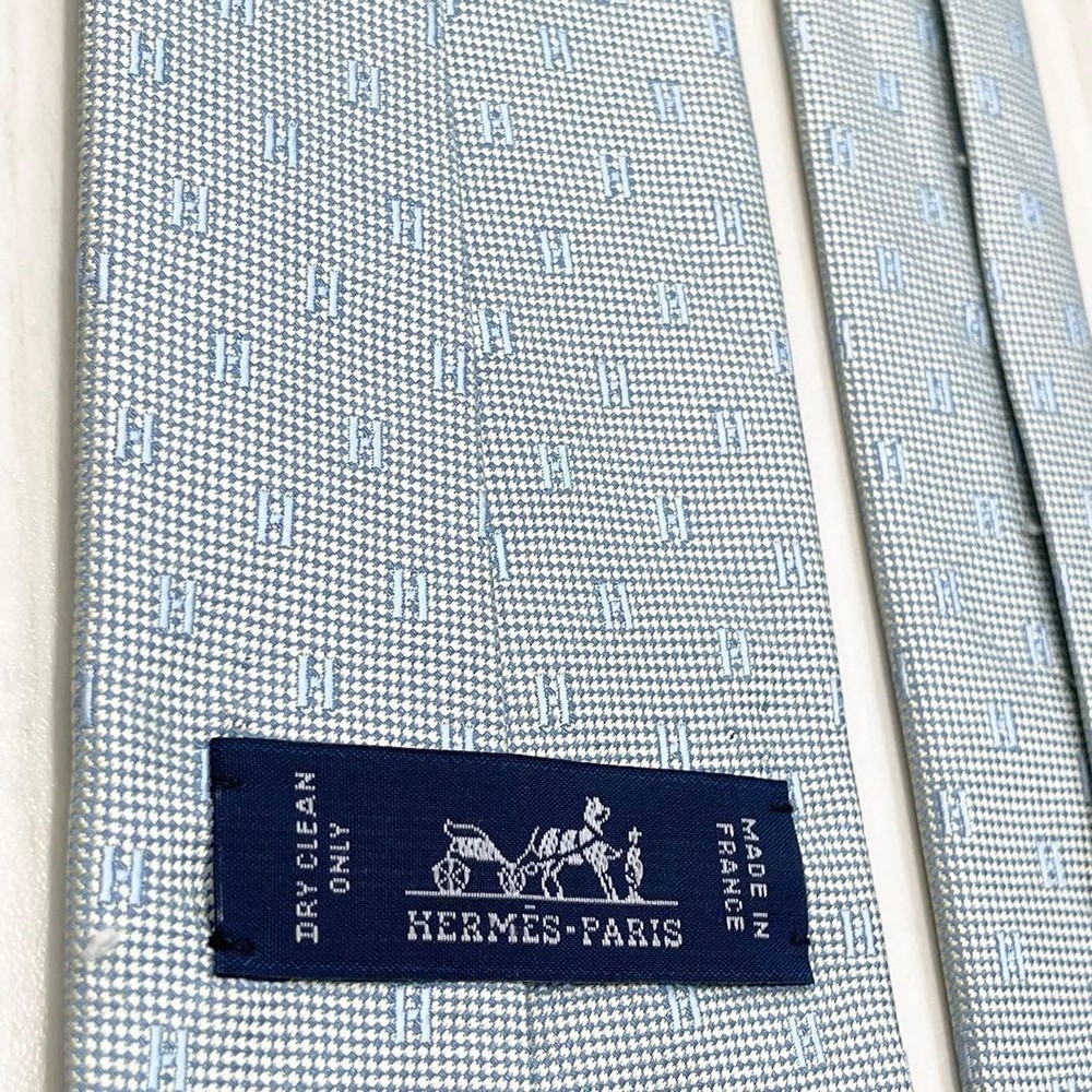 HERMES Tie Fasone H Pattern H Weave Blue White