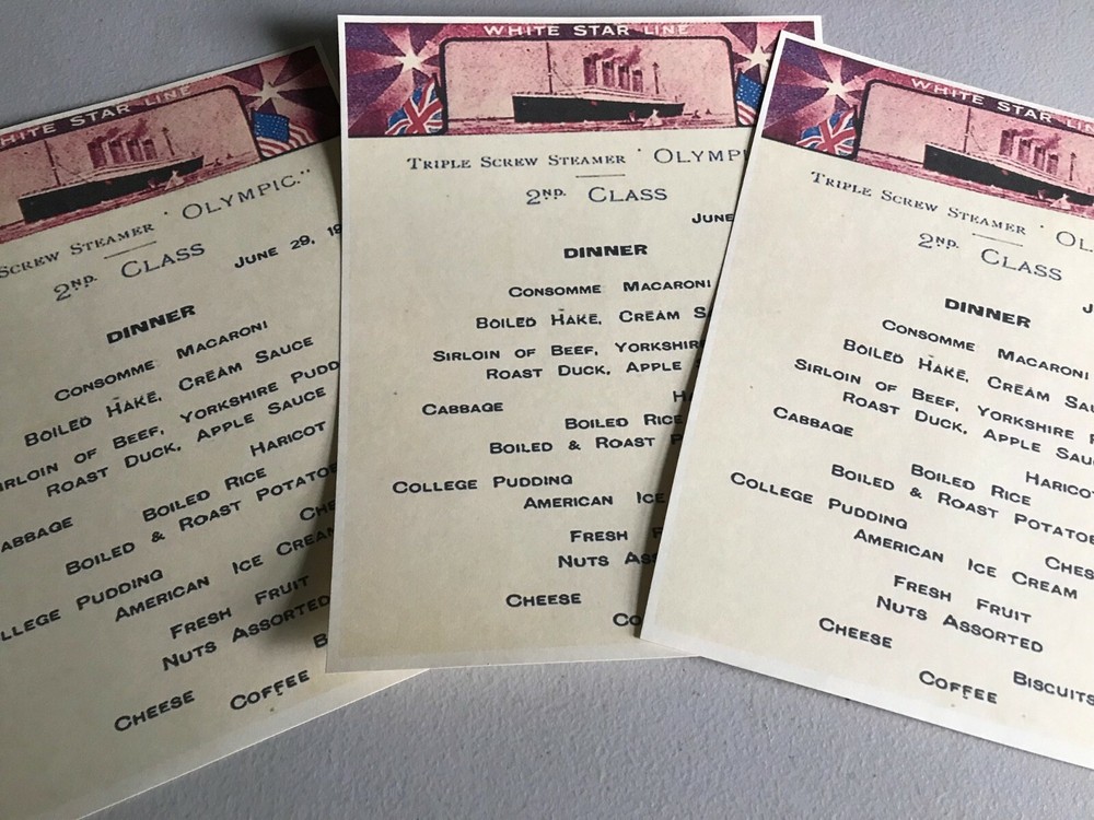 RMS OLYMPIC SECOND CLASS DINNER MENU JUNE 29, 1911 REPRINT, VERY NICE