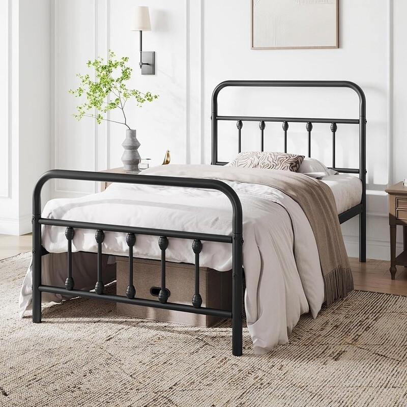 Metal Platform Bed Frame Twin High Headboard Sturdy Foundation Under Bed Storage