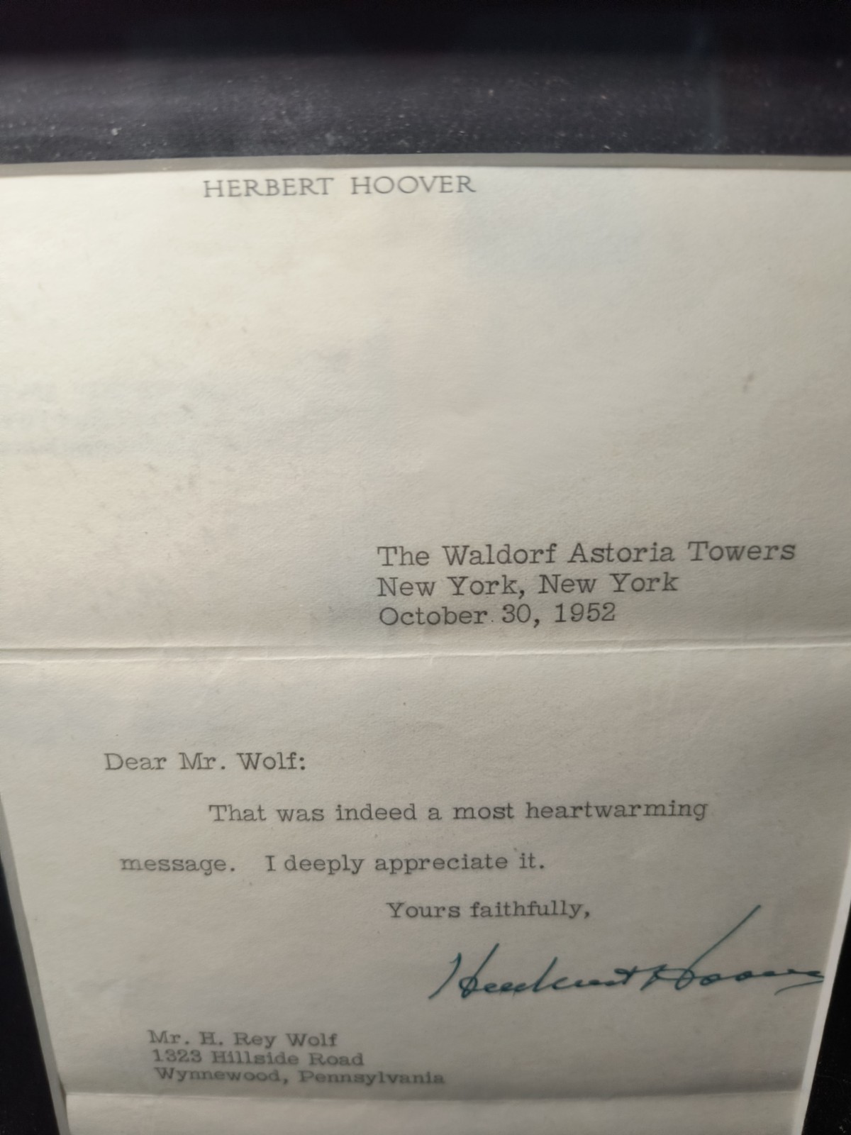 HERBERT HOOVER LETTER From 10/30/1952, PSA/DNA, Envelope, Matted & Framed