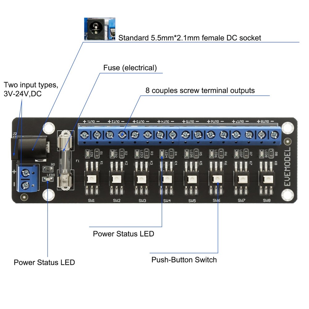 Evemodel 3V-24V DC Individual Switch Power Distribution Module 8 Channels