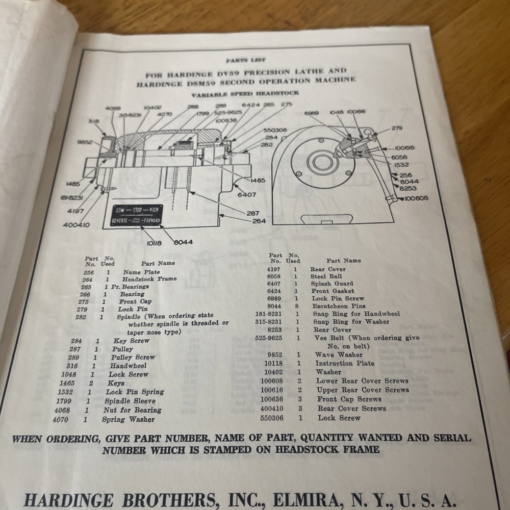 HardingeParts List Hardinge Precision Lathe Model DV59