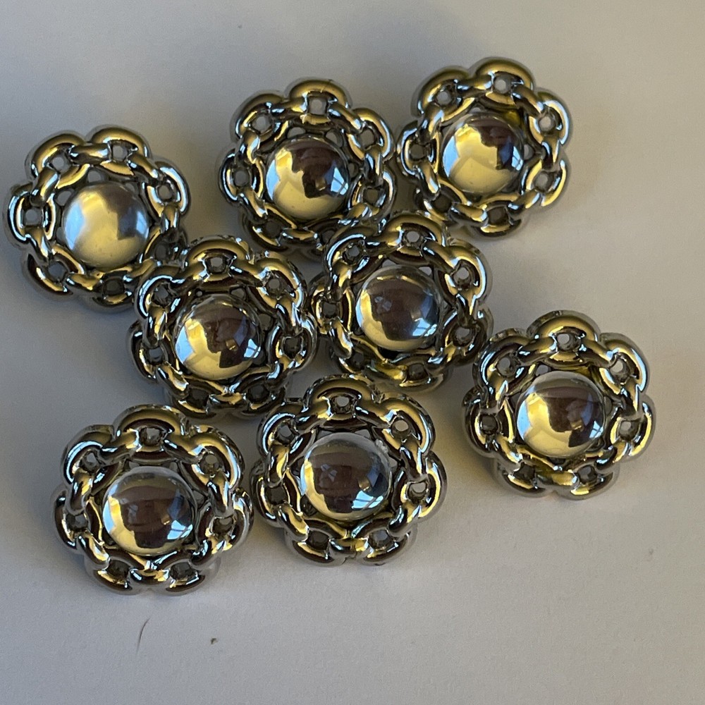 Set 8 Silver Tone Plastic Buttons Mirror Cabochon 5/8”