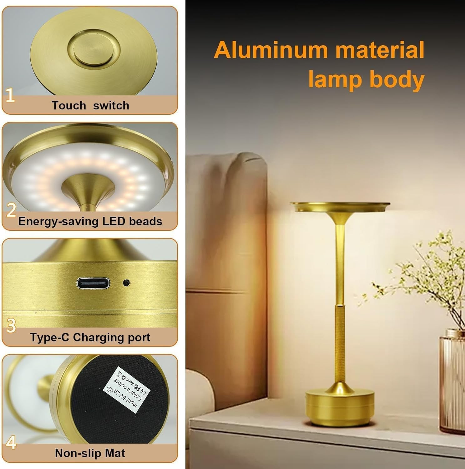 Cordless Table Lamp Dimmable 3-Color Dest Lamp Rechargeable LED Night Light