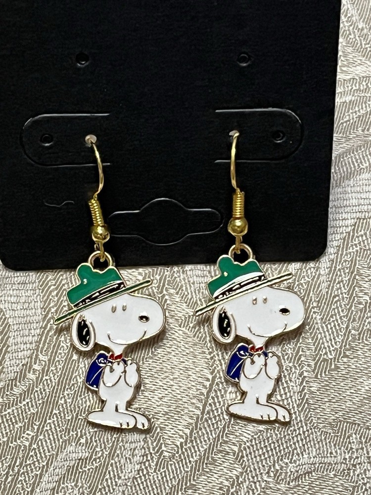 Snoopy Camper Gold Loop Enamel Drop Dangle Adorable Boho Trendy Earring Set
