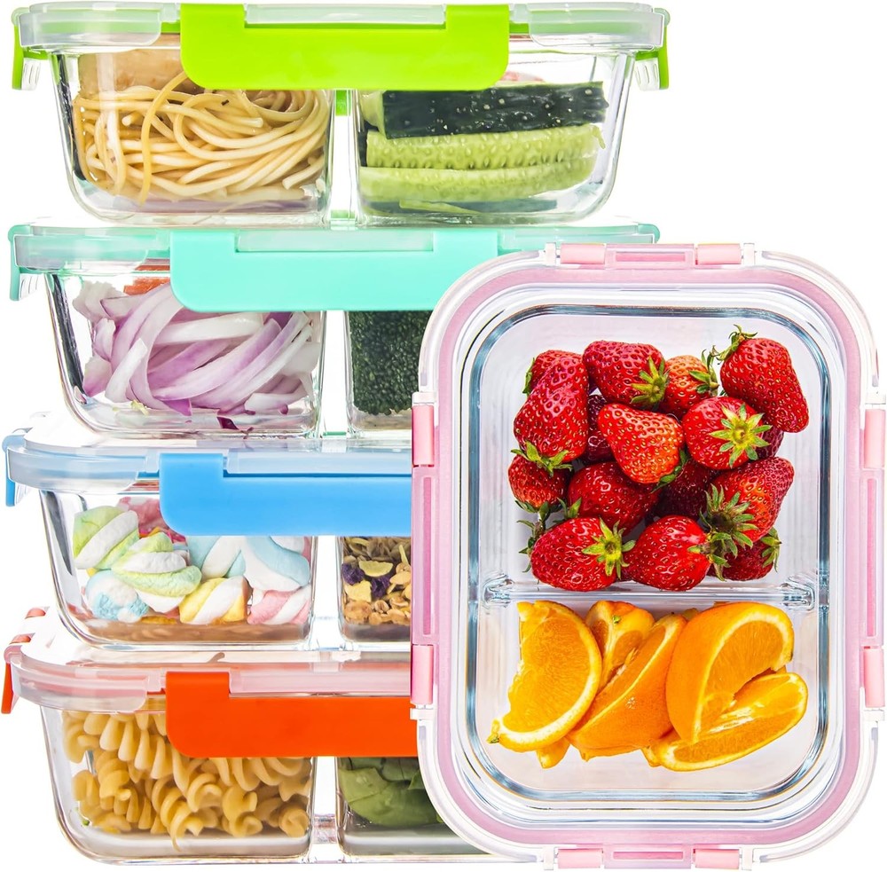 Glass Meal Prep Containers 2 Compartment with Lids (5 Mixed, 2