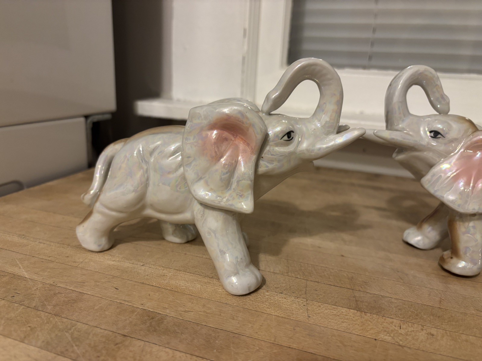 Vtg Lustreware Elephant Figurine 1950's Trunk Up LusterWare Gray & Pink MCM set