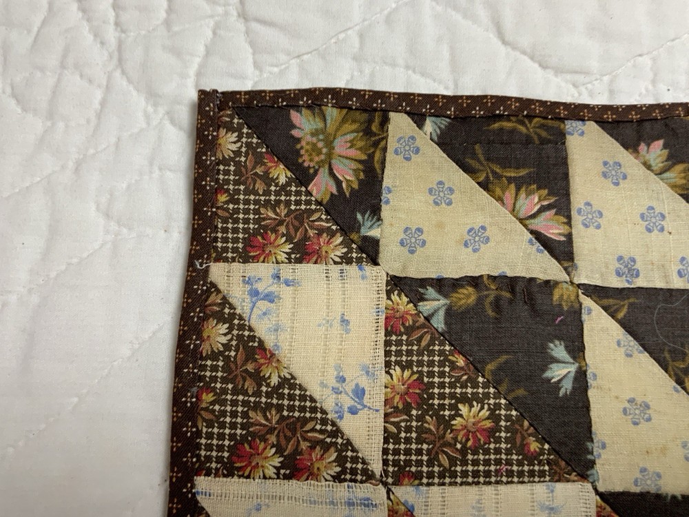 Antique Patchwork Quilt Table Topper, Nine Patch, Triangle, Early Calicos, Brown