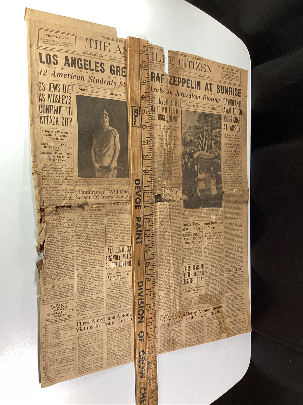 Ashville NC Newspaper Aug 26, 1929 Opera Zeppelin Israel Uncle Remus Great Ads!
