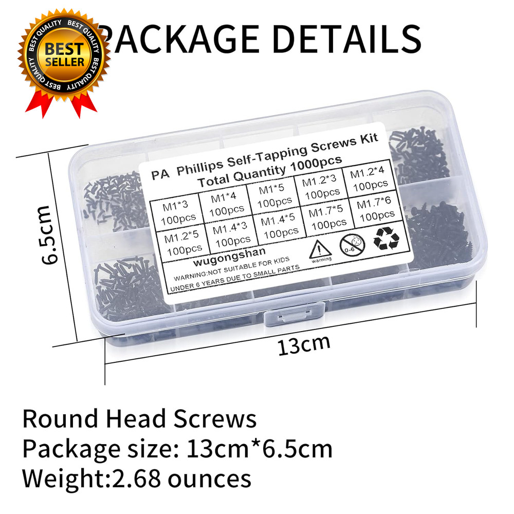 1000 Pcs Small Pan Head Screws Assortment Kit Micro Tiny Electronic Self-Tapping