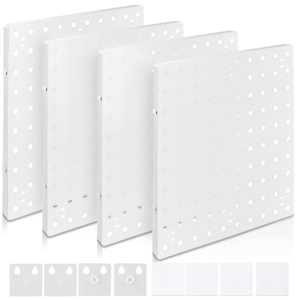 4 PCS White Pegboard Wall Organizer, Self-Adhesive Peg Board Wall Panel Kits ...