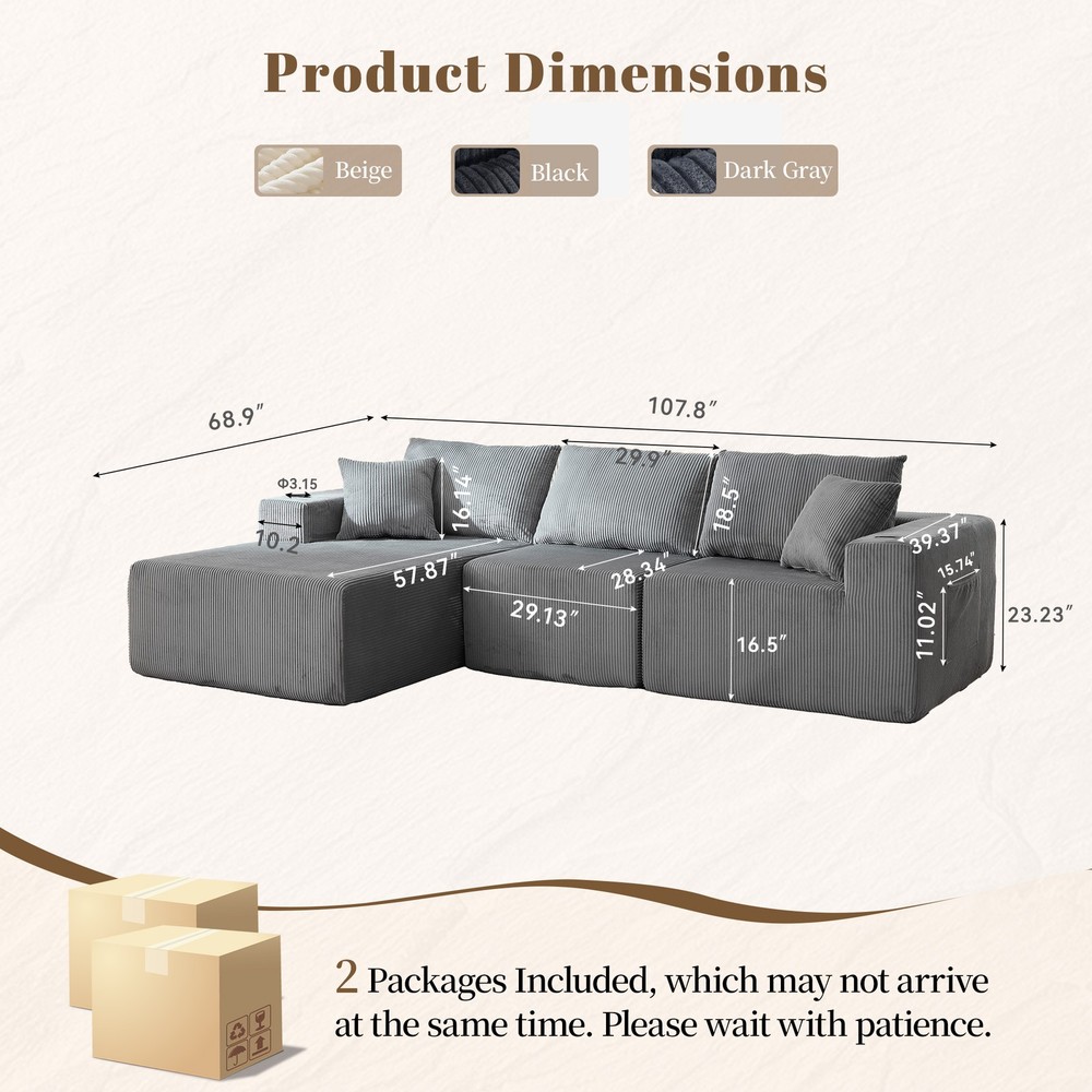 L Shaped Corduroy Sofa Cloud Couch Compression Boneless Sofas w/ 5 Throw Pillows