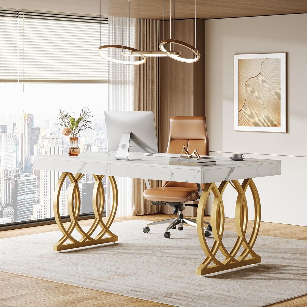 63-Inch Rectangular Executive Desk, Modern Office Computer Desk with Gold Legs