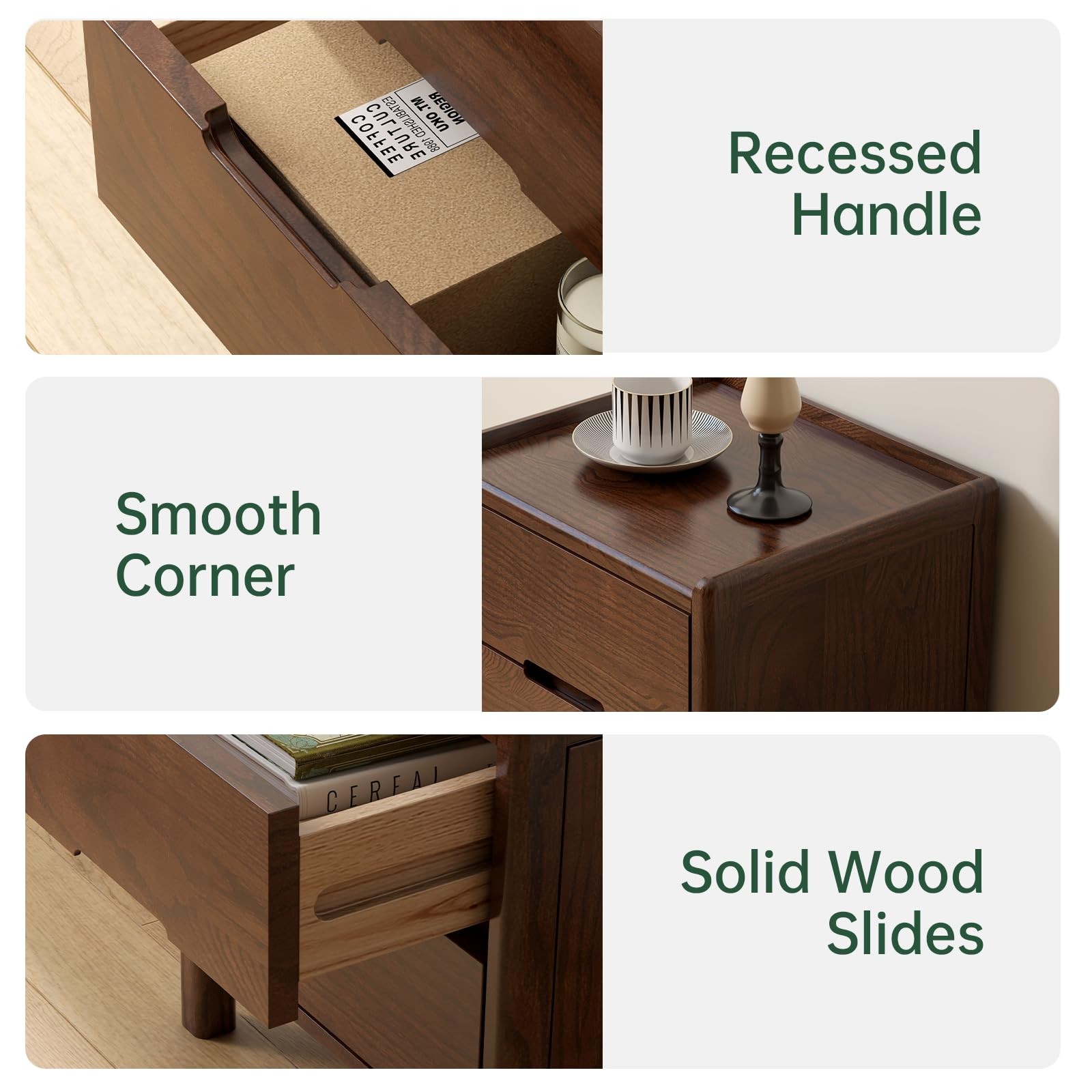 Walnut Night Stand Solid Oak Wood Mid Century Modern Bedside Table for Bedroom