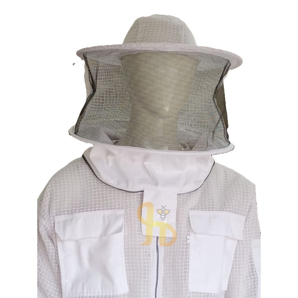 Beekeeping Protective Suit 3 Layers Full Ventilated Round Hat, White, Large
