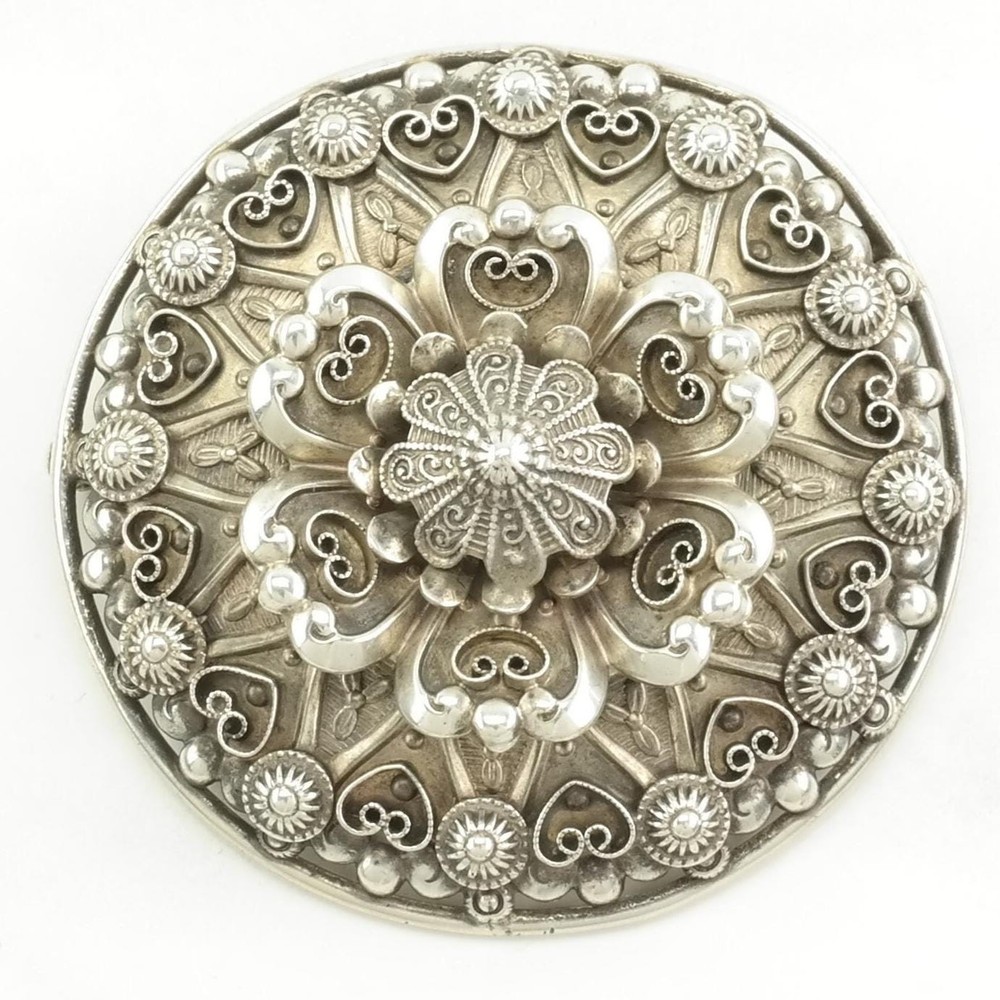 Large Filigree Floral Sterling Silver Brooch