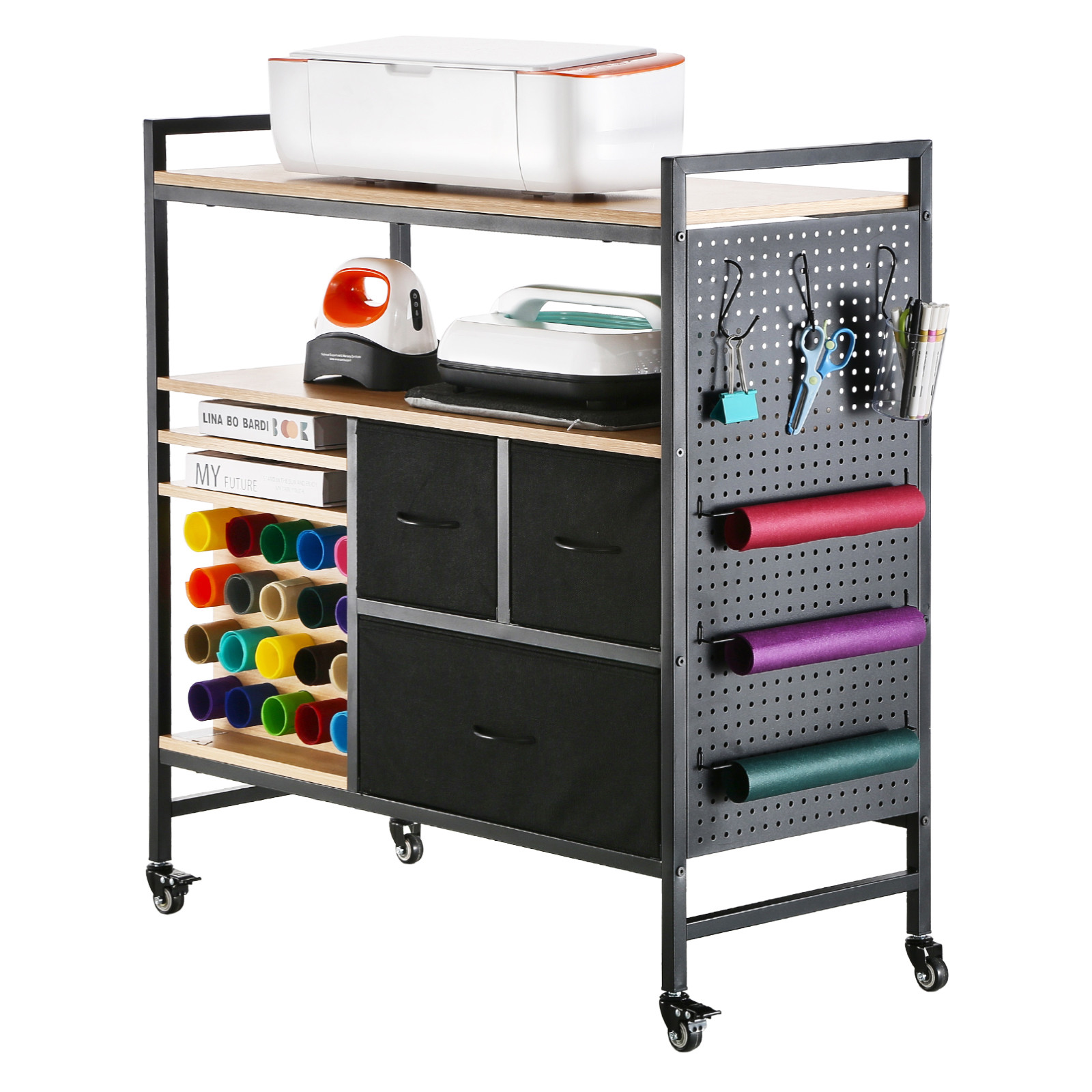 Rolling Craft Cart and Storage Table with 20 Vinyl Roll Holders 3 Drawers Black