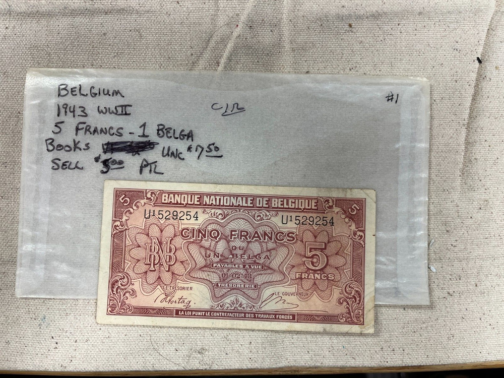 1943 Belgium WWII 5 Francs Circulated Note #1