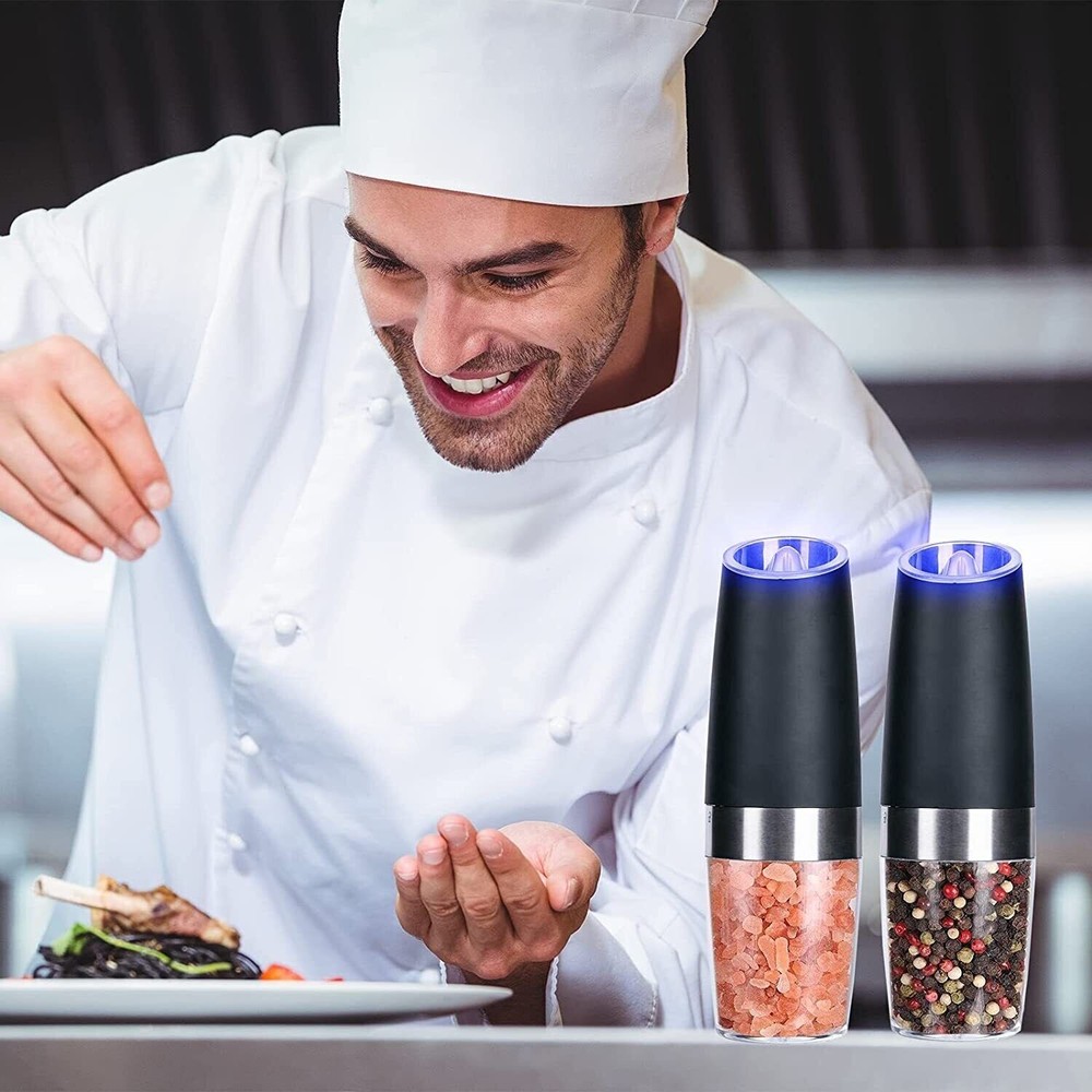 2 Pack Gravity Electric Salt and Pepper Grinder Mill Shaker Adjustable Automatic