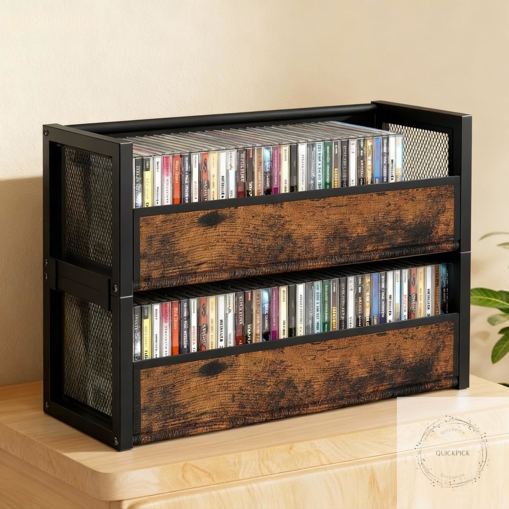 2-Tier CD Holder with Fabric Wood Grain Texture, Stackable CD Storage Case and